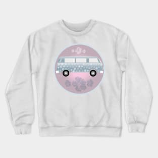 Summer feeling retro van with hibiscus flowers and soap bubbles on light pink circle Crewneck Sweatshirt